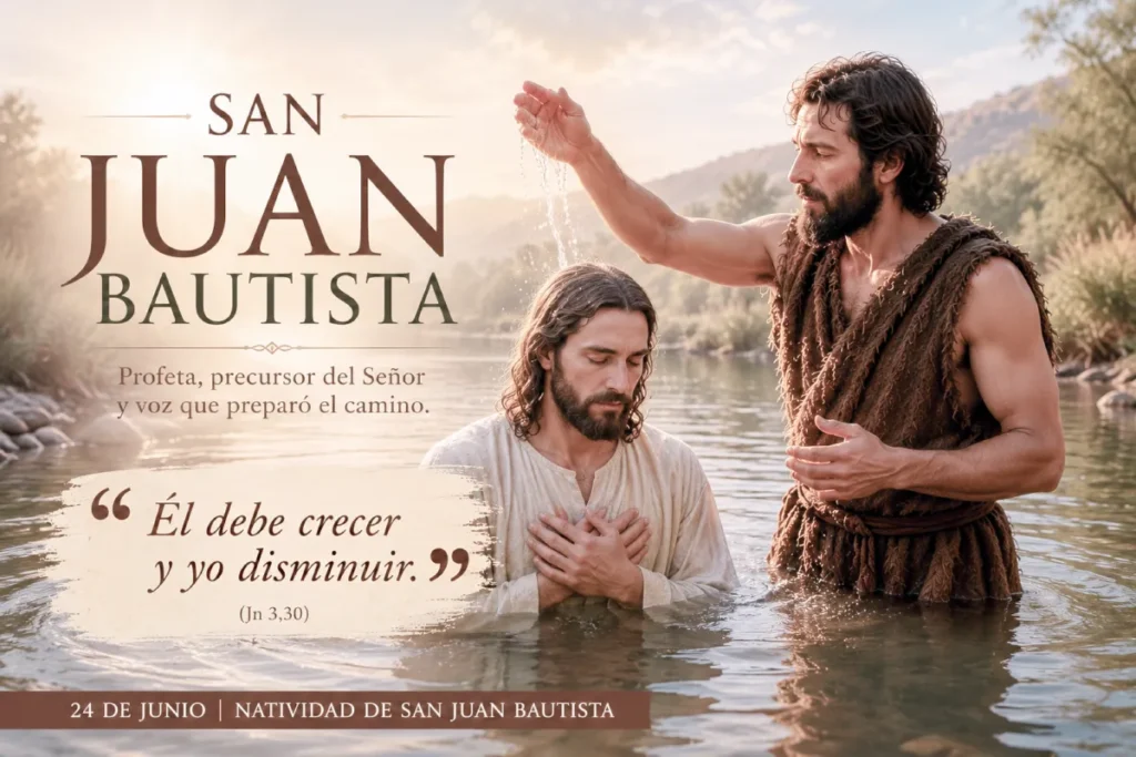 San Juan Bautista bautizando a Jesús en el río Jordán mientras cumple su misión de preparar el camino del Mesías.
