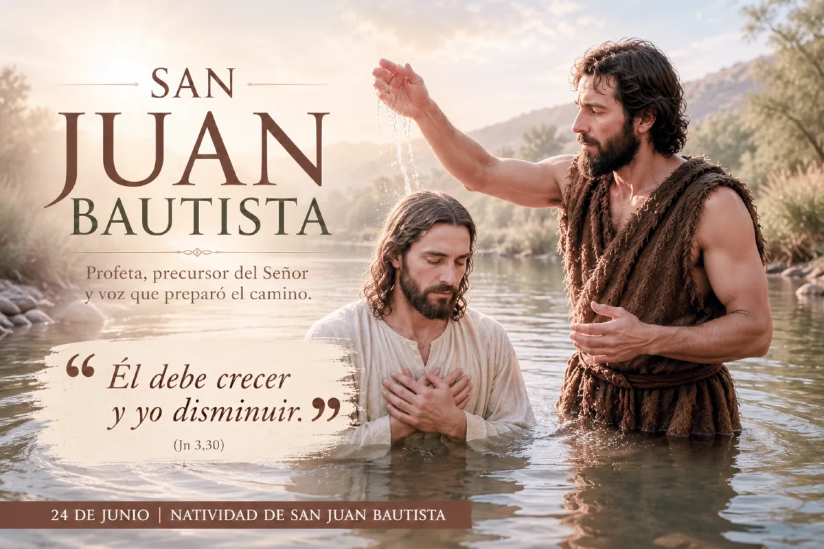 San Juan Bautista bautizando a Jesús en el río Jordán mientras cumple su misión de preparar el camino del Mesías.