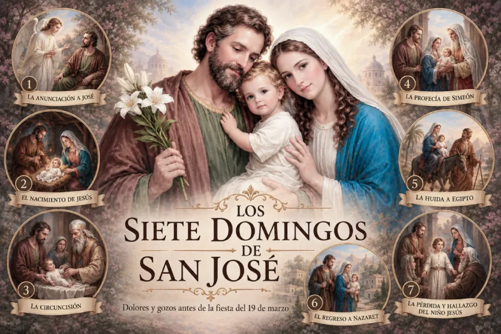 Los Siete Domingos de San José: ilustración de la Sagrada Familia rodeada por las siete escenas de los dolores y gozos de San José, devoción católica que se reza en los siete domingos previos a la fiesta de San José el 19 de marzo.