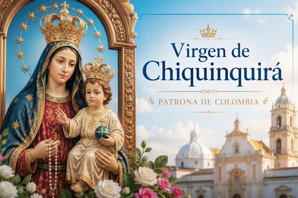 Virgen de Chiquinquirá, patrona de Colombia, representada con el Niño Jesús junto a la Basílica de Chiquinquirá.