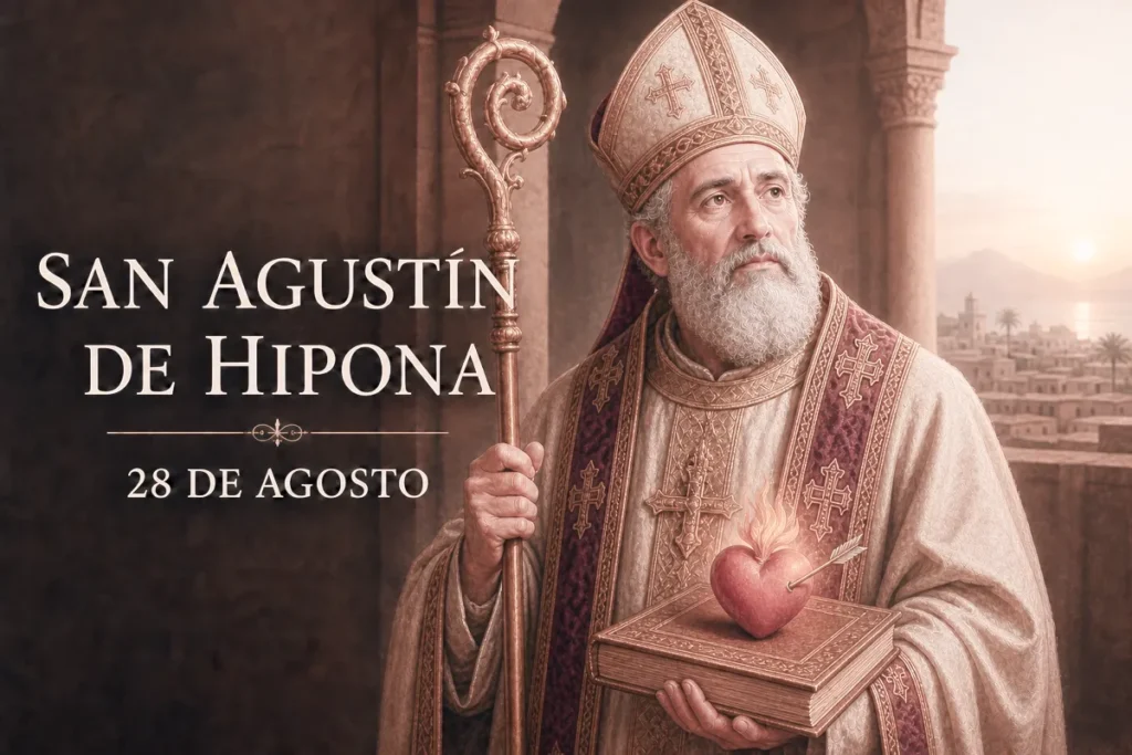 San Agustín de Hipona con mitra y báculo, sosteniendo un libro con el corazón inflamado, celebración del 28 de agosto.
