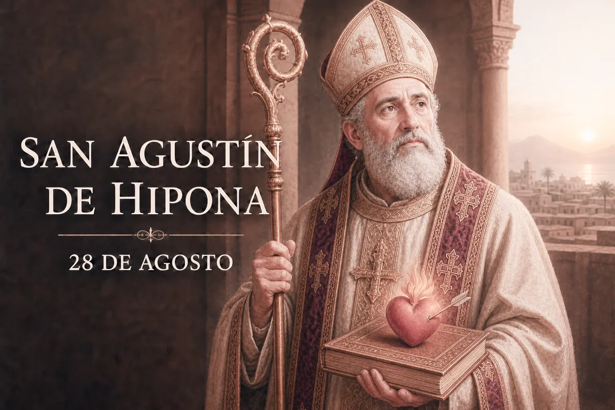 San Agustín de Hipona con mitra y báculo, sosteniendo un libro con el corazón inflamado, celebración del 28 de agosto.