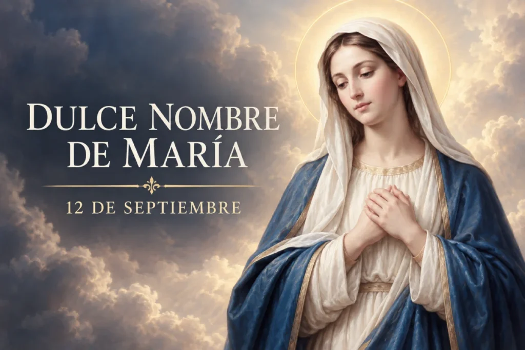 Virgen María con las manos unidas en oración para la celebración del Dulce Nombre de María el 12 de septiembre.