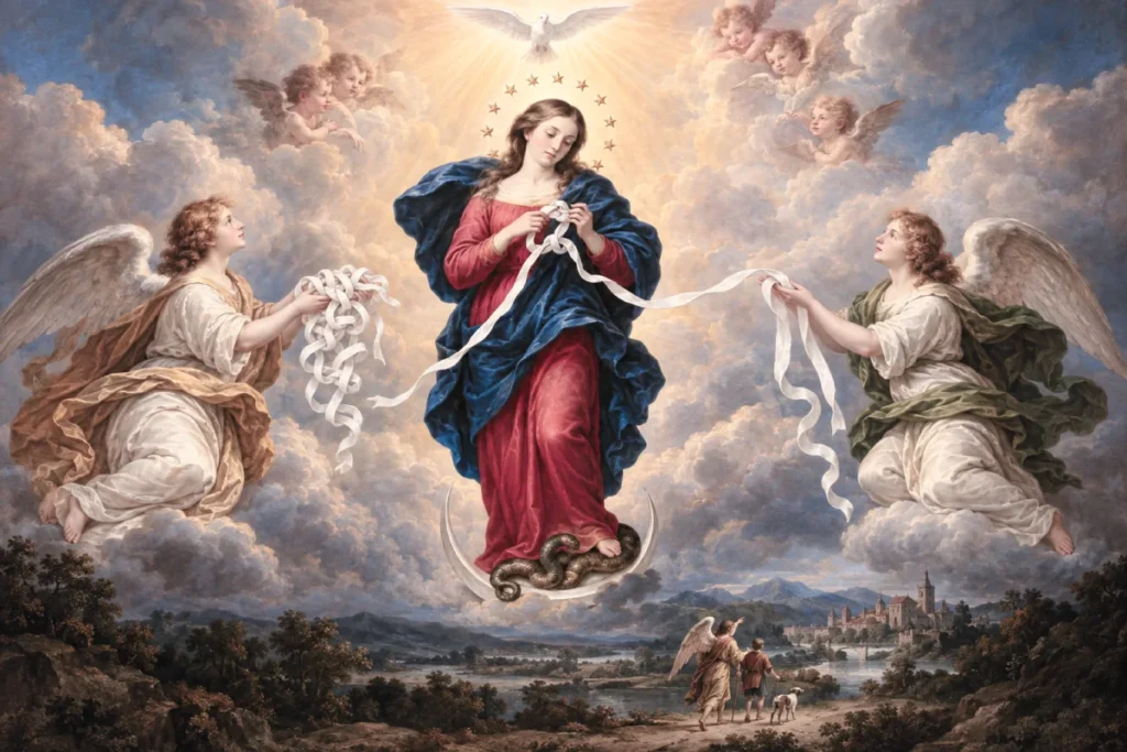 Virgen Desatanudos desatando una cinta, acompañada por dos ángeles, con la serpiente bajo sus pies.